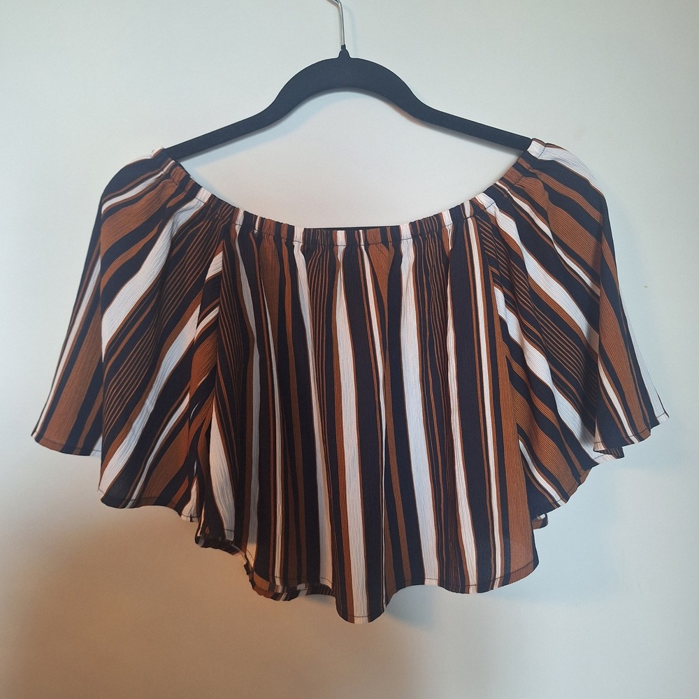 Fashion Nova Brown Striped Off The Shoulder Bell Sleeve Crop Top Size Small